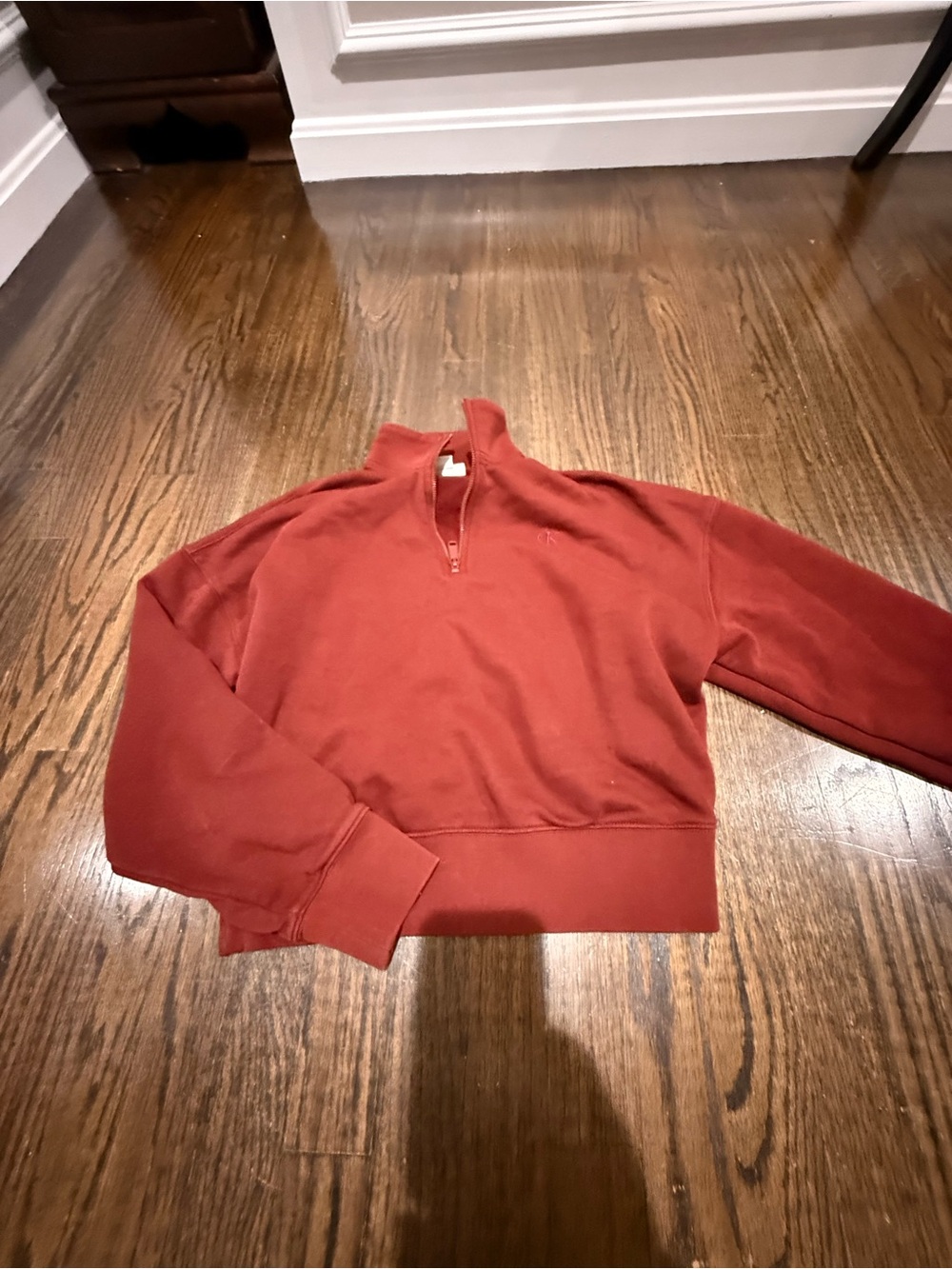 Women’s  Half-Zip Pullover Sweater - Rust Red. Cropped